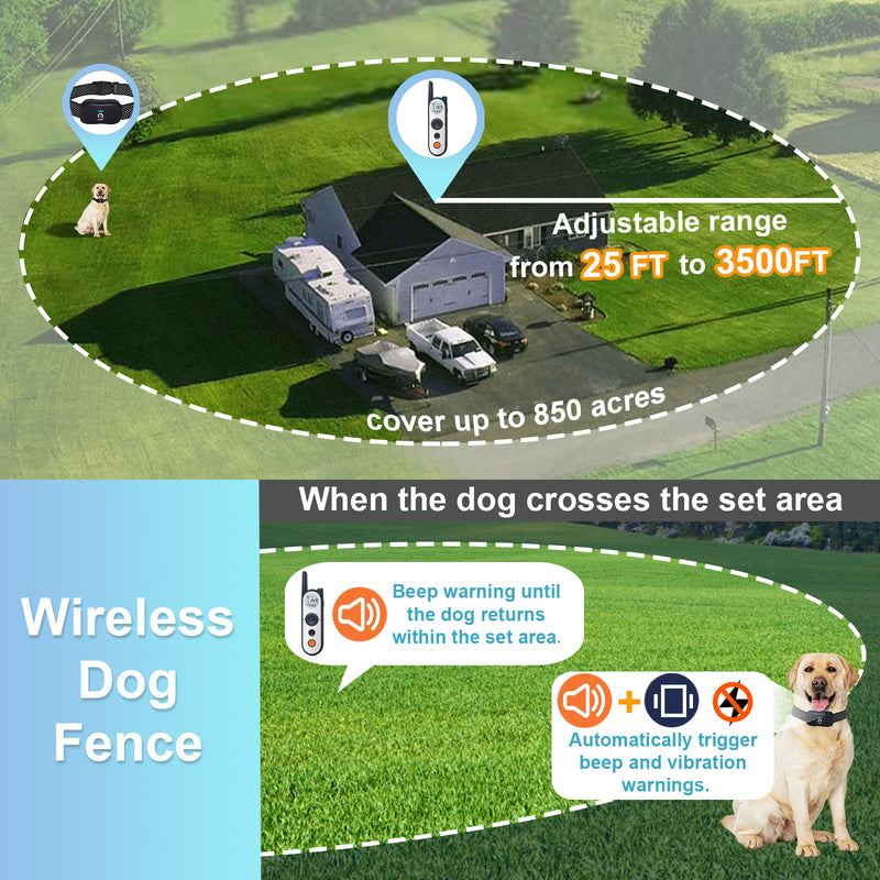 Wireless Dog Fence System with Training Remote,25FT to 3500FT Electric Fence for Dogs,185 Days Standby Time Dog Shock Collar with 3 Training Modes,Light and Waterproof (Blue)