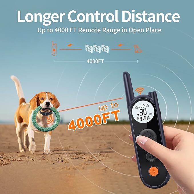 Dog Training Collar - 4000Ft Rechargeable Shock Collar for Medium Large Dogs (10-130Ibs), IPX7 Waterproof Training Collar with 3 Safe Training Modes